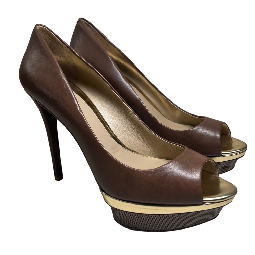 BRAIN ATWOOD SHOES HEELS PUMPS Florencio Platform Peep Toe Taupe SIZE 9